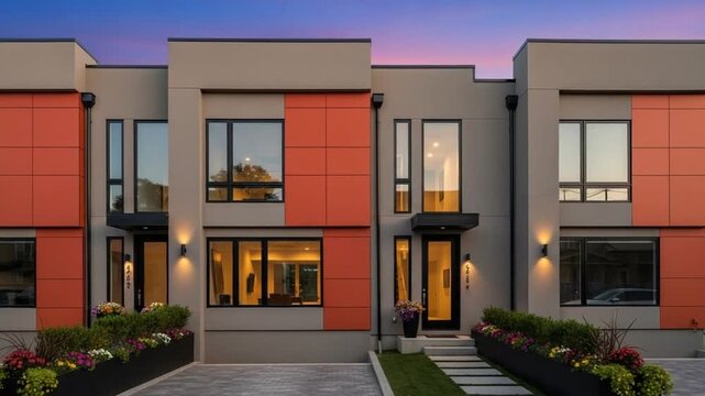 Modern suburban townhouse exteriors at dusk with warm interior window light, geometric facade panels in red and charcoal gray, landscaped entry paths and front doors in wide shot