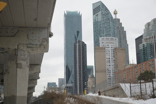 undercroft of elevated Gardiner Expressway, and view west from Lake Shore Blvd E and Lower Jarvis St (to financial institutions and condo towers), Toronto