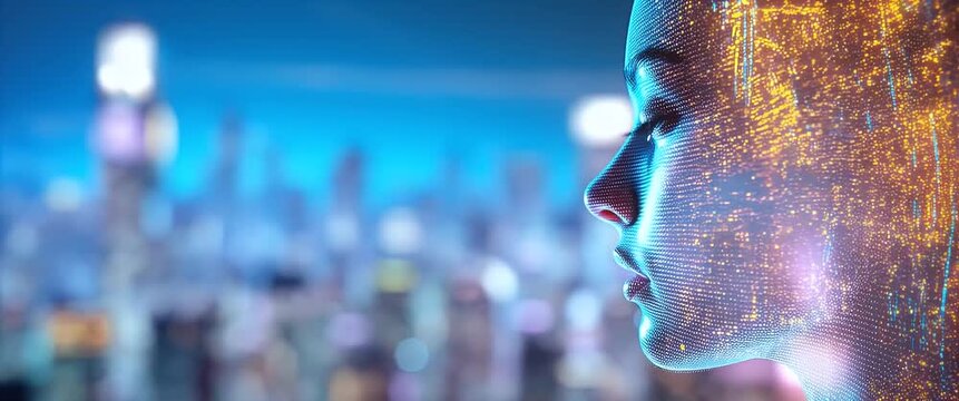 Futuristic profile of a digital human with neon data streams flowing, as the camera slowly pans across a vibrant cyber cityscape; cinematic, immersive technology theme.