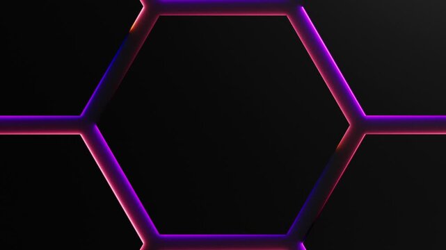 Red violet neon light is moving around black hexagon frames on dark background. Seamless border cycling glow animation.