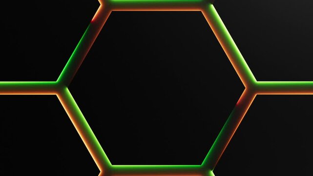 Green orange neon light is moving around black hexagon frames on dark background. Seamless border cycling glow animation.