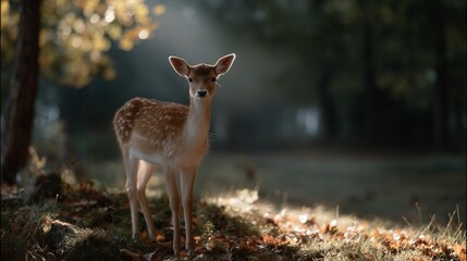 Fototapeta premium Fallow deer portrait in misty forest clearing at dawn spotlighted