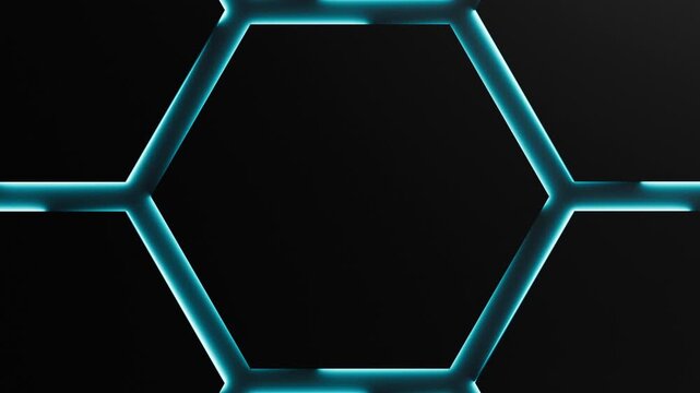 Blue neon light is moving around black hexagon frames on dark background. Seamless border cycling glow animation.