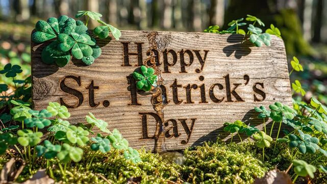 A wooden sign surrounded by clover and moss, celebrating St. Patrick's Day in a forest setting, viewed from a slight angle.