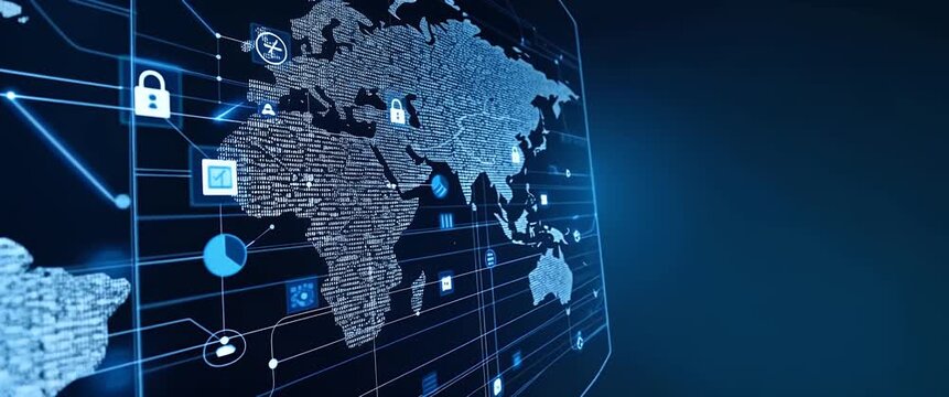 Digital world map with network icons glowing softly, camera slowly panning across, highlighting global connectivity and cybersecurity themes in a sleek, cinematic style.