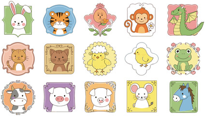 Cute Baby Animal Portrait Frames with Rabbit, Tiger, Monkey, Dragon, Cow, Pig, Mouse and Farm Cartoon Vector Collection