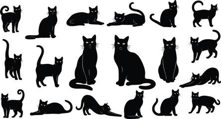 Set of black cat silhouettes in various poses including sitting standing stretching and lying down isolated on white background for pet and animal design © Mijanur