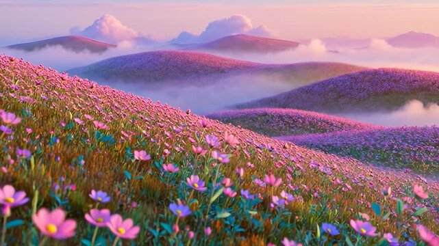 Dreamy landscape of pink wildflowers covering rolling hills with a misty atmosphere