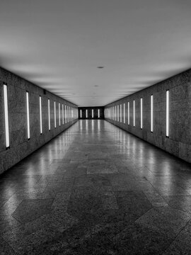 Corridoio moderno simmetrico in bianco e nero con luci verticali sulle pareti.