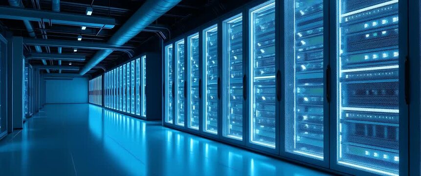 Cinematic view of a modern data center with server racks glowing blue, as the camera smoothly pans through the corridor, capturing the gentle hum and flicker of digital activity.