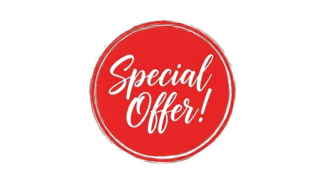 A red circle with a special offer written in white cursive font