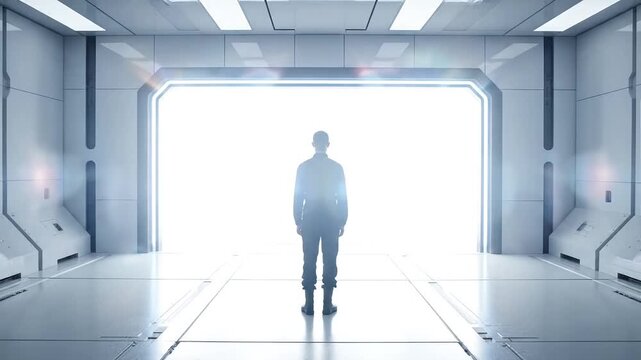 A lone silhouette stands at the luminous threshold of a futuristic gateway, representing new opportunities, technological advancements, and an unknown journey into the future