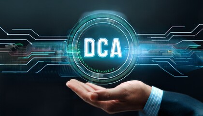 Fototapeta premium hand holding a digital display of dca representing dollar cost averaging