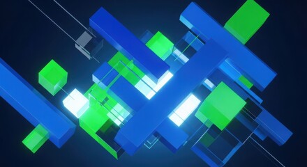 Fototapeta premium Abstract geometric background with blue and green shapes and light effects