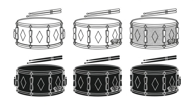 Snare drum vector line art illustration with drumsticks isolated on white background for music branding