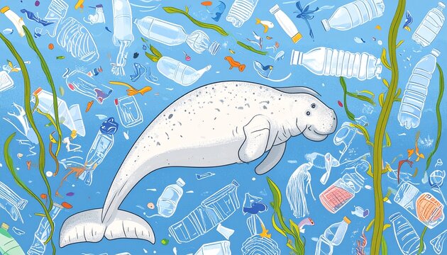 Ocean Plastic Pollution Concept Art Featuring an Endangered Dugong and Floating Trash