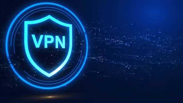 Glowing blue VPN shield icon with particles on a dark digital background