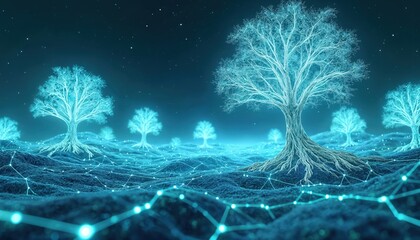 Futuristic digital trees glow on dark wavy landscape. Network lines connect glowing blue flora roots, signifying digital growth and cybernetic connection. Abstract sci-fi scene.