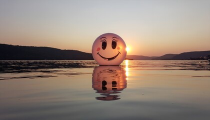 Inflatable Smiley Face Ball Floating on Water at Sunset