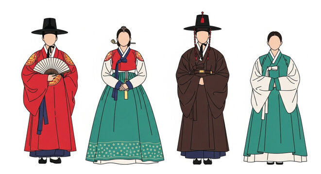 Traditional Korean Hanbok vector characters set with men and women in colorful folk clothing isolated on white