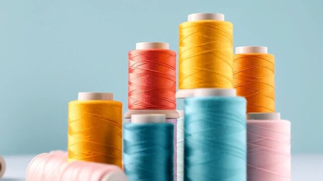 Colorful spools of thread arranged in a visually appealing composition against a light blue background.