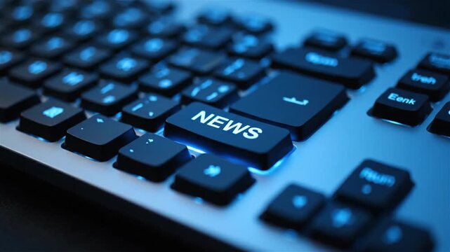 Close-up on a keyboard with the 'NEWS' key illuminated in blue, concept of online journalism and information access