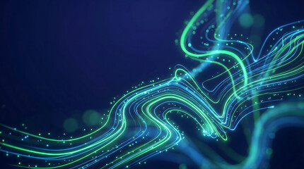 Glowing neon green and blue lines and dots on dark blue background