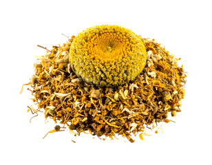 Chamomile flower head resting on a pile of dried chamomile flowers isolated.