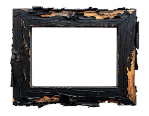 Black wooden frame with peeling paint isolated on white background.