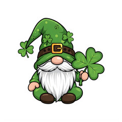 Cheerful gnome character holding a four-leaf clover and a pint of beer isolated on transparent background