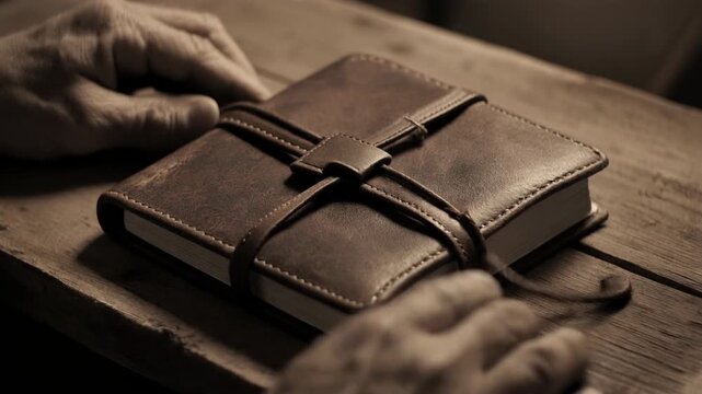 Aged hands and leather bound journal on rustic wooden tabletop in warm sepia tones intimate storytelling