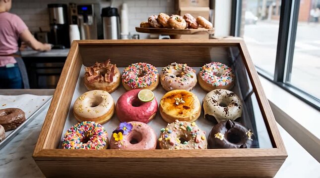 Assorted sweet baked donuts with colorful sprinkles and toppings in a display case, bakery treats,, donut.