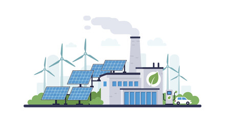 Obraz premium Sustainable Factory Transition: Integrating Solar, Wind Power, and EV Charging for Green Energy