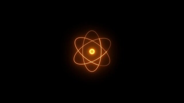 Glowing orange atom symbol with orbiting electron paths on black background, minimal futuristic science and technology concept illustration.