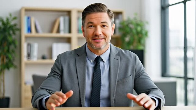 Man in suit gesturing during video conference indoors in office setting