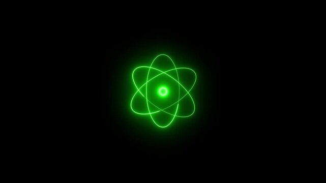 Glowing neon green atom symbol with orbiting electron paths on black background, futuristic science and technology concept, minimal abstract illustration.