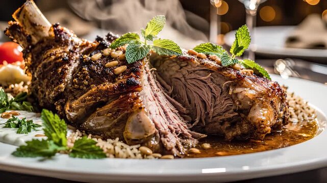 The dish features tender lamb with crispy skin, garnished with mint leaves. The lamb is served on a platter with rice and pine nuts, creating a rich presentation.