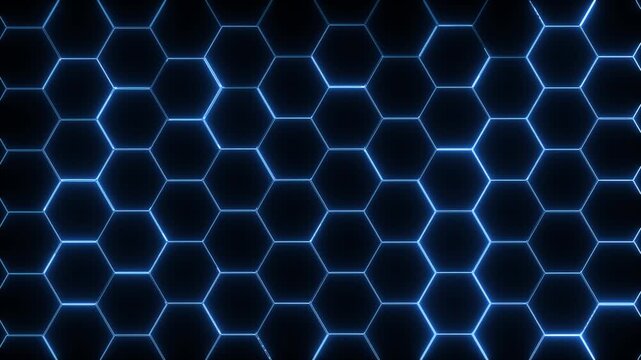 Abstract futuristic background with glowing blue hexagon grid on dark surface, seamless honeycomb pattern, tech and cyber style wallpaper with neon lines.
