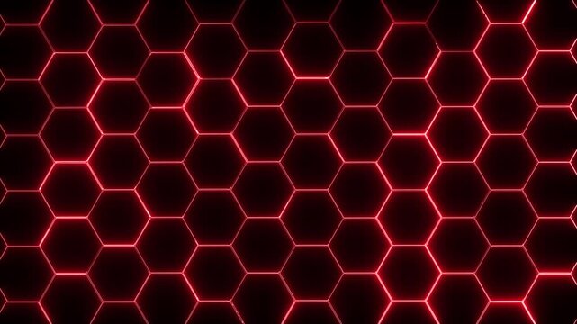 Glowing red neon hexagon grid on dark background, futuristic honeycomb pattern with soft light bloom, abstract technology wallpaper with copy space.