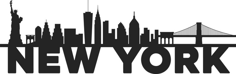 New York skyline typography illustration, city landmarks silhouette with Statue of Liberty and bridge, black vector urban design isolated on white background © NAIMUR