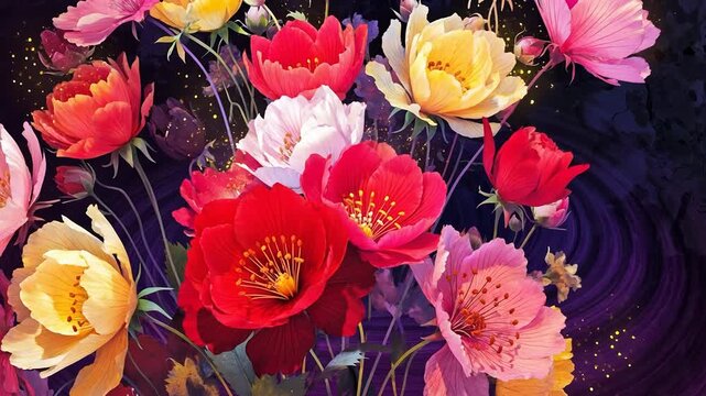 Vibrant floral explosion with a rich, painterly aesthetic and cosmic undertones