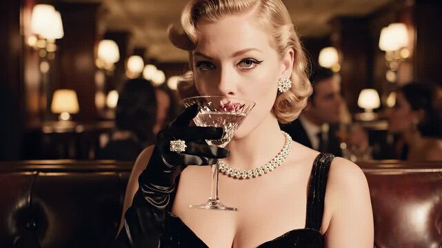 A woman sits elegantly at a bar, holding a cocktail glass. The setting features dim lighting and stylish decor, enhancing the sophisticated atmosphere.