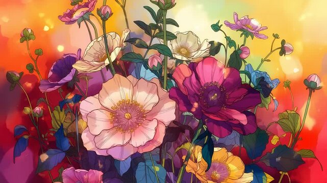 Vibrant floral illustration with bold colors and artistic impressionistic style