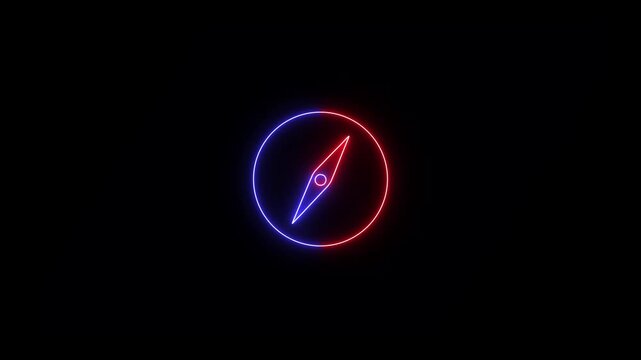 Glowing neon compass icon centered on black background, circular outline split red and blue with diagonal needle, futuristic minimal navigation concept