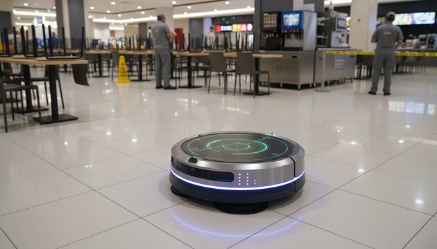 An AI-powered robotic floor cleaner efficiently navigates the busy food court, using advanced navigation systems and artificial intelligence to maintain cleanliness in a dynamic environment