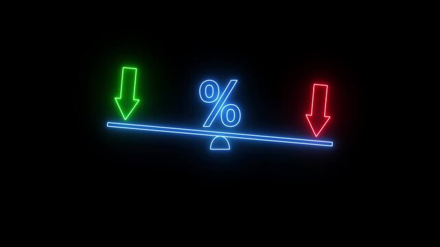 Neon sign graphic showing a seesaw with percent symbol, green down arrow on left and red down arrow on right, suggesting interest rate change or financial balance on dark background.
