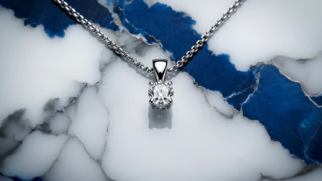 A necklace with a diamond pendant rests on a surface of blue and white marble. The diamond pendant contrasts against the marble's intricate patterns and colors.
