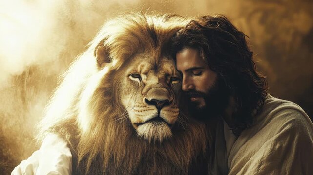 Jesus Christ and lion in desert, serene cinematic guardian scene featuring bearded shepherd figure wearing flowing robe beside majestic lion, warm golden sunlit