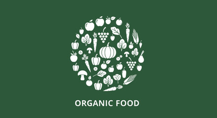 Fototapeta premium Hand-drawn organic food circle badge with fruits, vegetables, and natural farm elements.