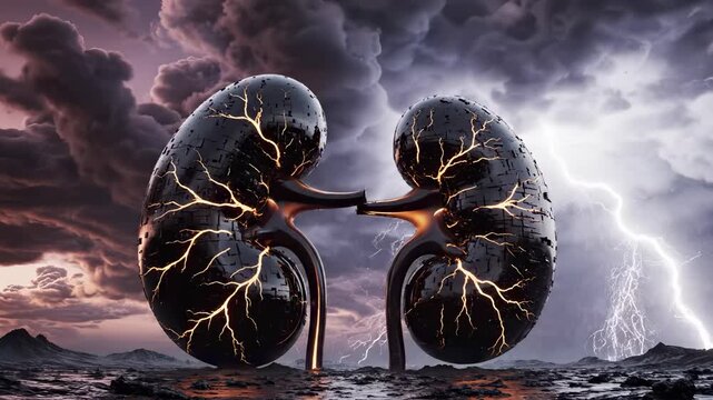 two large, black kidney-shaped structures connected by glowing energy. Dark clouds loom overhead, creating a dramatic contrast in the desolate landscape.